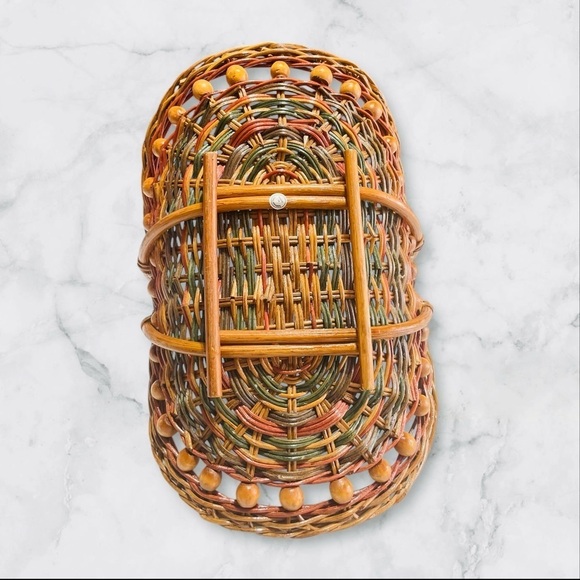 Vintage Woven Wicker Bamboo Beaded Flower Herb Gathering Basket w Handle 11X15X9 - Picture 6 of 11